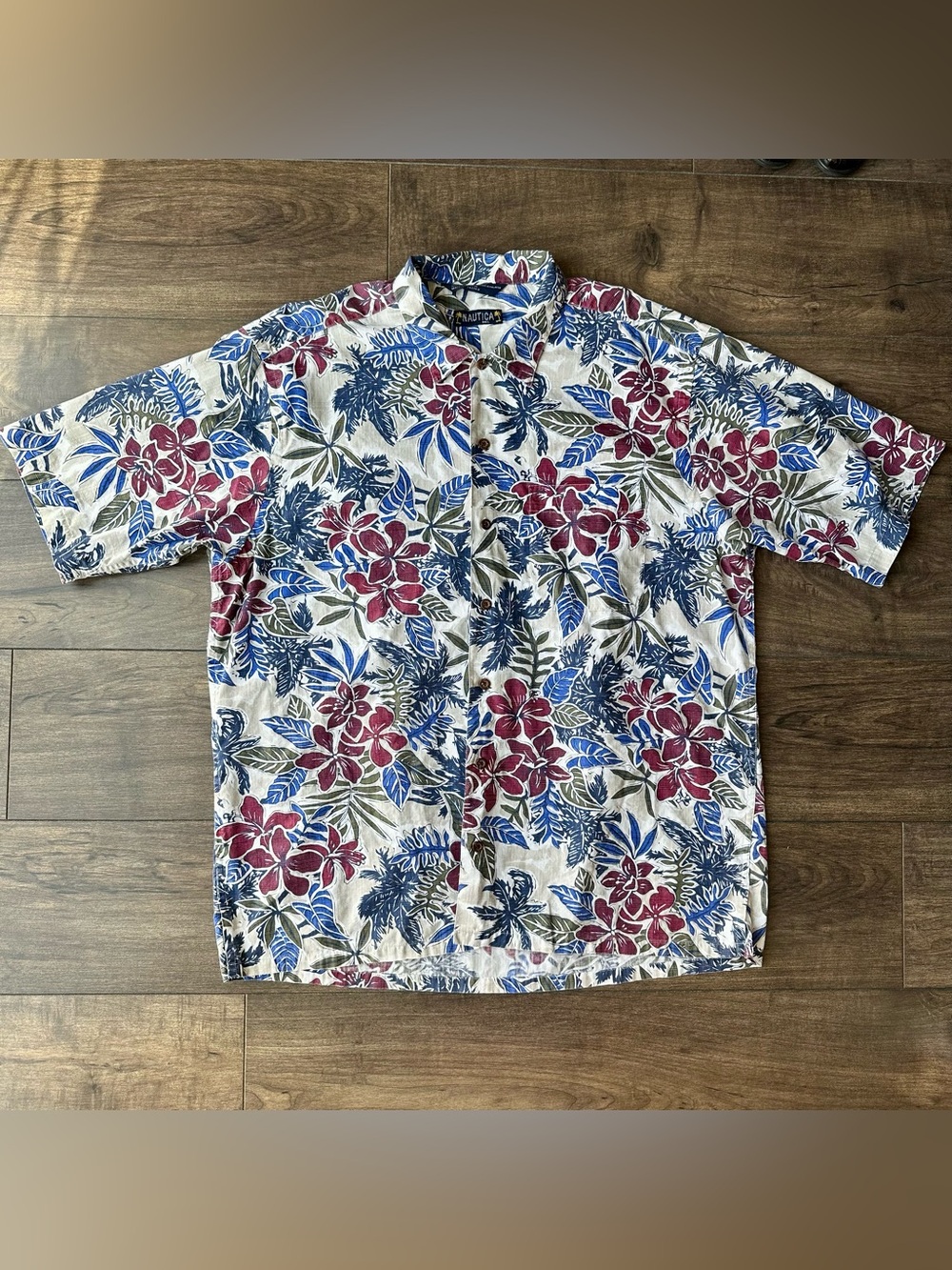 Vintage 90s Nautica Hawaiian Shirt Mens L Cotton - Tropical Floral Palm Y2K